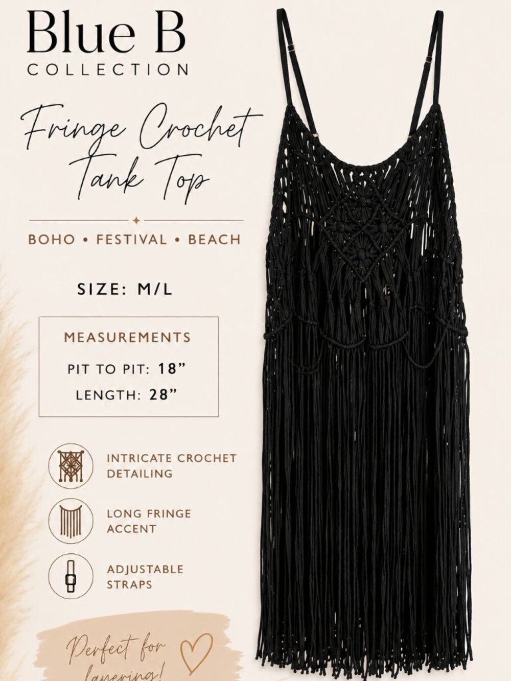 Blue B Collection Black Fringe Crochet Cover Up Tank Top Women's M/L Boho - Picture 2 of 5